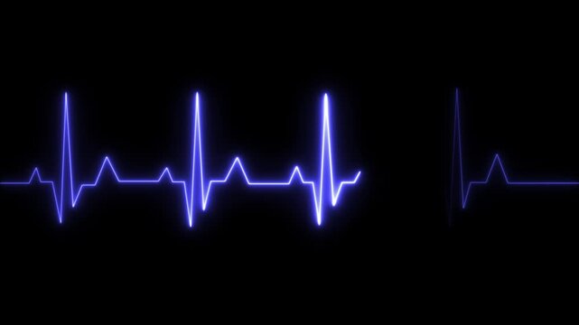Intense blue neon heartbeat line monitor display showing a rhythmic pulse wave pattern isolated on a deep black background for medical concepts