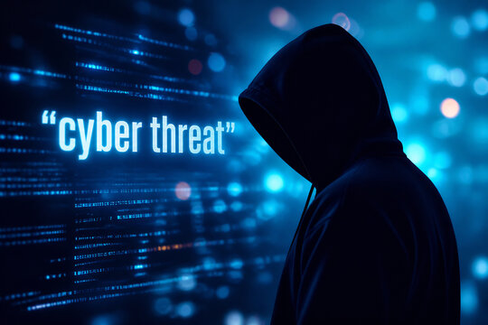 A hooded figure stands against a background of digital code, symbolizing a cyber threat.