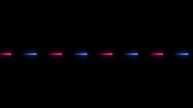 Alternating horizontal neon light dashes in vibrant blue and magenta colors arranged in a straight line against a deep black background texture