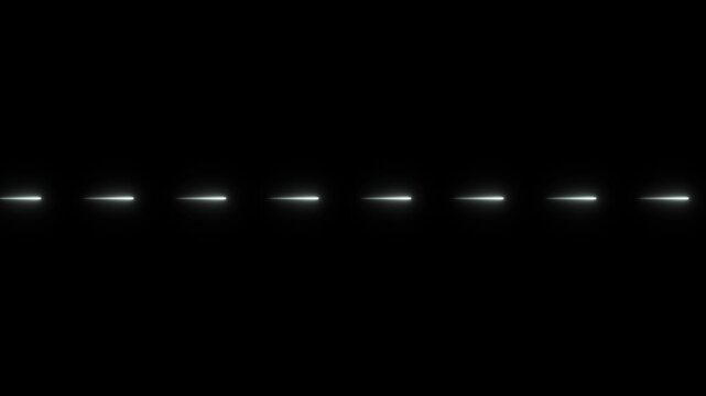 Single horizontal line of glowing white light dashes arranged in a straight row isolated against a solid black background for digital