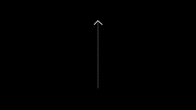 Simple white dashed line arrow pointing upwards on a solid black background representing direction progress growth or navigation in a