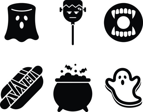 Halloween themed icons featuring ghost lollipop frankenstein face vampire teeth mummy hotdog cauldron and cute phantom silhouette on transparent background.