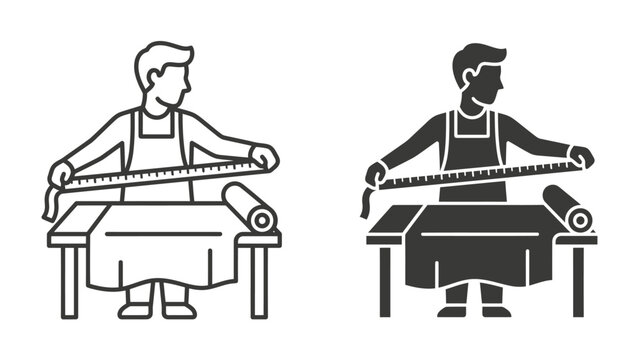 Tailor Measuring Fabric: A person in an apron meticulously measures a length of fabric with a measuring tape, set against a roll of material on a table.