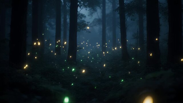 Fireflies Flying in Dark Misty Forest at Night Video Background