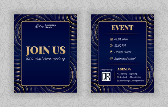 Luxury corporate event invitation template, navy blue and champagne gold vector design with join us lettering for company anniversary and gala dinner