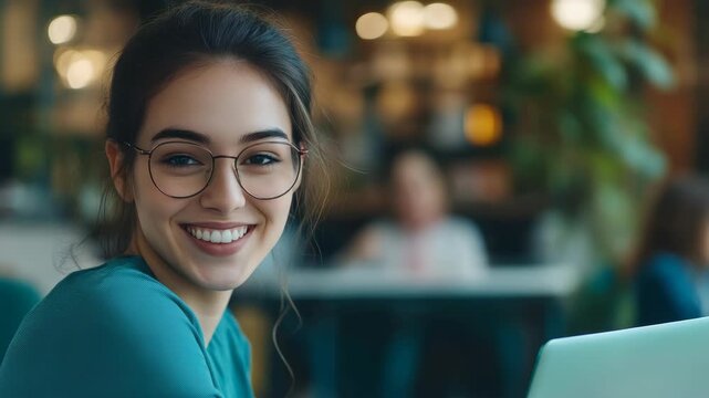 A cheerful woman in glasses is seen smiling brightly at the camera, enjoying her time at a coffee shop setting with blurred background activity.