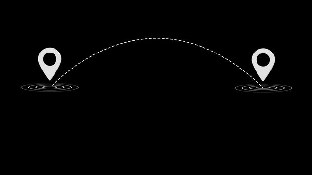 Two White Location Pins Connected By Dashed Arc On Black Background map marker gps icon