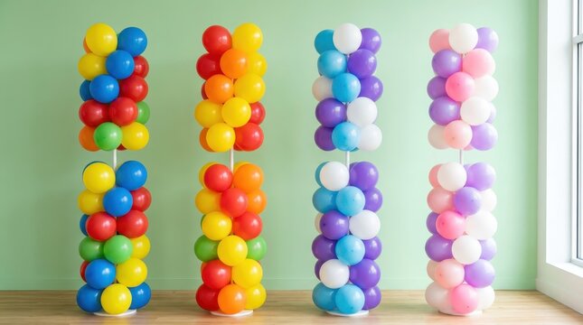 Colorful Balloon Columns for Party Decoration Against Green Wall.