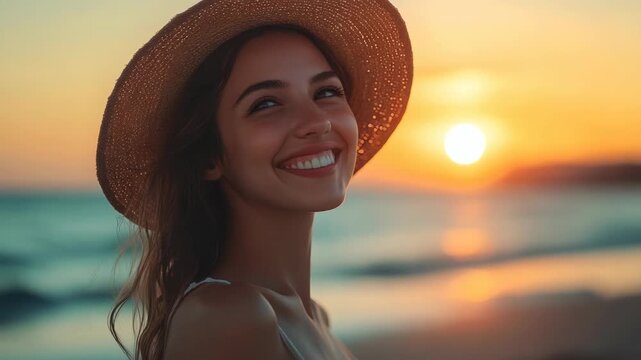 A woman wearing a straw hat and a bikini top smiles at the camera while watching the sunset. The beach is peaceful with clear skies.