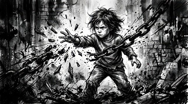 Young child breaking heavy metal chains with psychic power in dark gritty illustration.