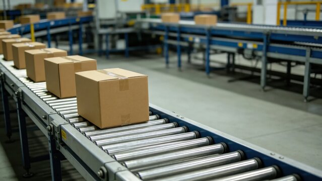 Cardboard containers on powered roller conveyor in sorting f