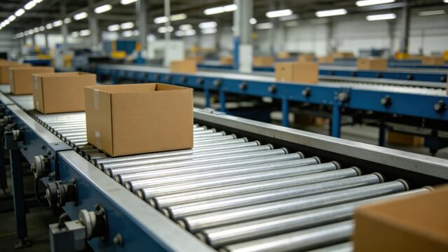 Cardboard containers on powered roller conveyor in sorting f