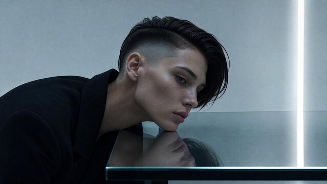 Futuristic Androgynous Model with Modern Undercut Hairstyle and Neon Light Reflection
