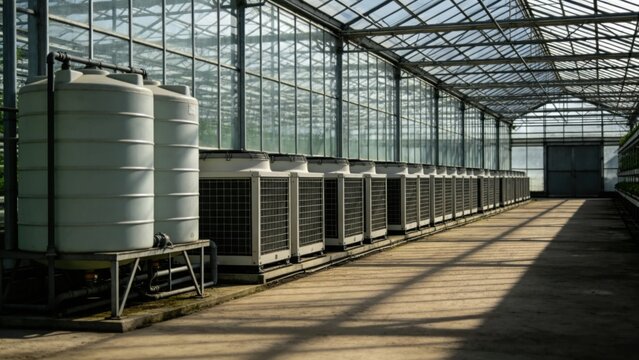 Greenhouse complex with climate control units and water tank