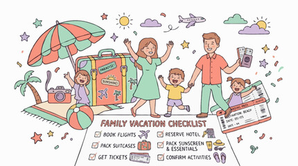 Fototapeta premium Colorful Family Vacation Planning Hand Drawn Doodle Vector Illustration