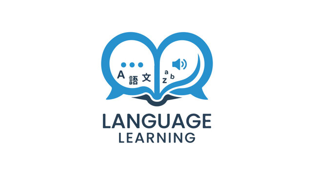 Professional language learning logo design featuring speech bubbles and book elements.