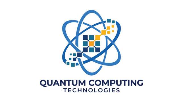 Quantum Computing Technology Logo Concept Featuring Digital Atom Symbol.