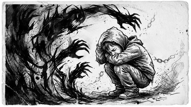 Illustration of a scared child hiding from dark shadowy monsters.