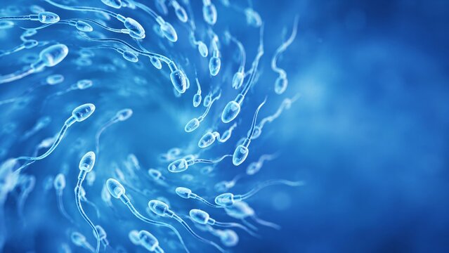 Sperm cells swimming in fluid. Biological visualization of fertilization process. Reproduction and medical research concept. Science illustration of human reproductive cell under microscope.