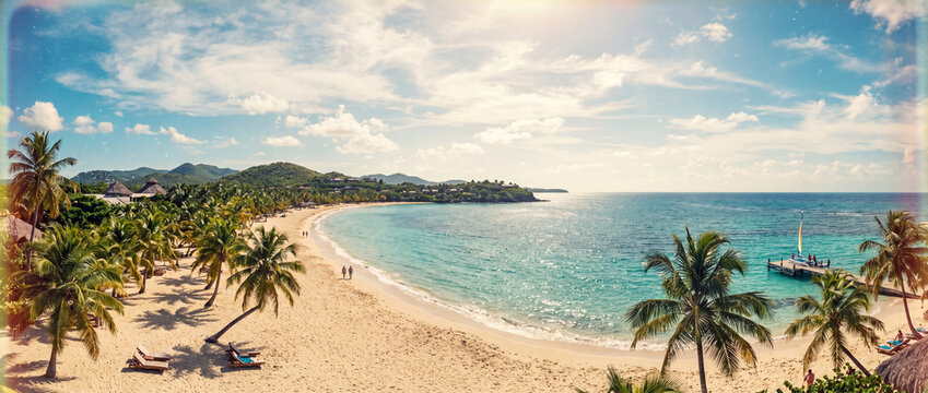 Wide panoramic view captures an idyllic tropical beach with turquoise ocean water, white sand, and swaying green palm trees. style of analog photography