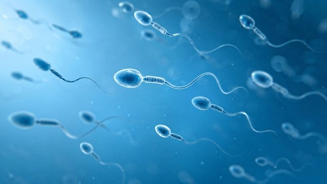 Sperm cells swimming in fluid. Biological visualization of fertilization process. Reproduction and medical research concept. Science illustration of human reproductive cell under microscope.