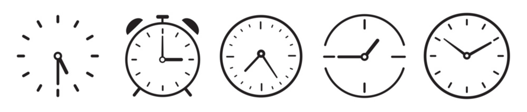 Set of minimalist black clock icons showing various time faces.