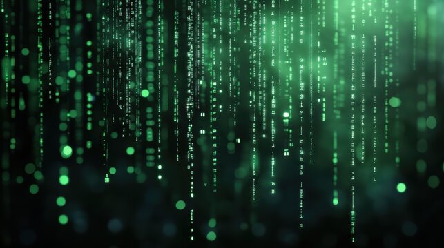 Abstract digital background featuring cascading green binary code data streams digital background with cascading green binary code streams and glowing bokeh