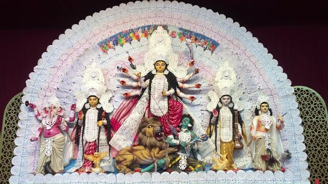 Subho mahalaya, Video of an handmade colorful idol of Goddess Durga  installed in decorated colorful Pandal during navratri festival. 