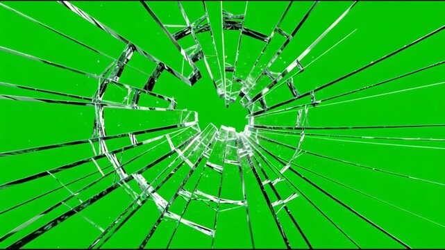 Broken glass shattering on green screen chroma key background