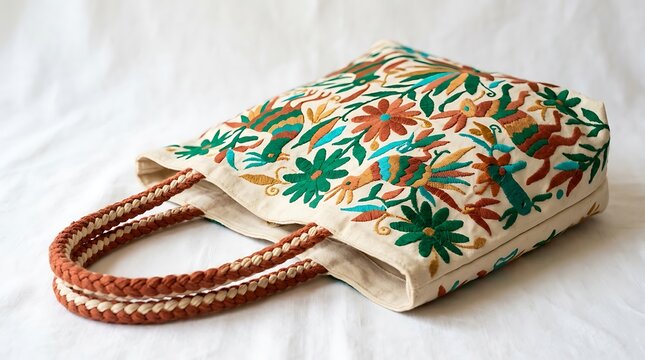 Mexican style embroidered tote bag with colorful bird and flower motifs