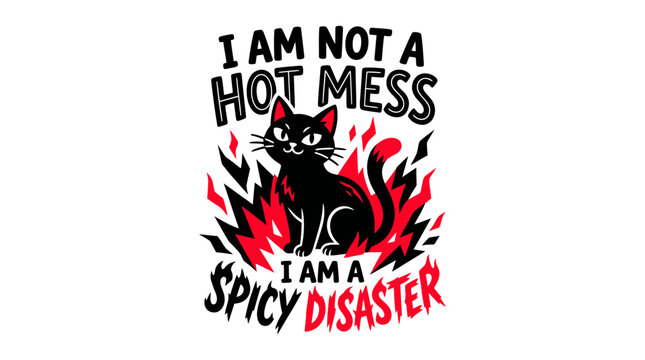 Black Cat "Spicy Disaster" with Flames - Funny, Sarcastic Quote Design