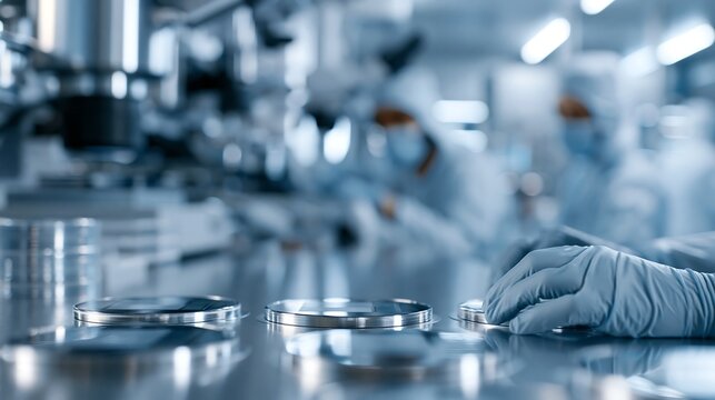 Silicon wafers on a cleanroom production line with technician handling semiconductor materials. Advanced chip manufacturing, microelectronics and high technology industry concept