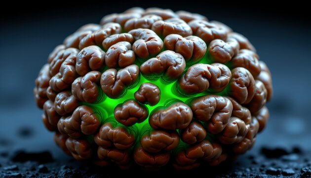 The image features a close up of a brain like structure with a textured, convoluted surface, resembling the folds and grooves of a human brain