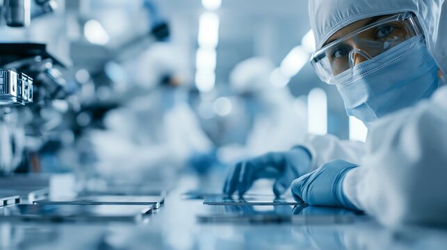 Semiconductor engineer inspecting silicon wafers inside a cleanroom manufacturing facility. Advanced chip production, precision engineering and microelectronics industry concept