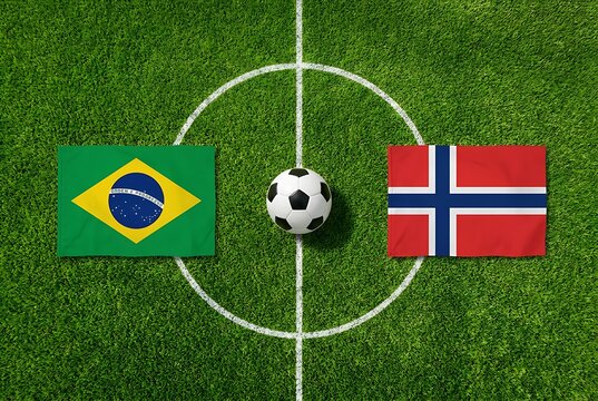 Brazil and Norway flags with soccer ball on green football field centered on white lines representing game between national teams in tournament competition.