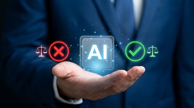Artificial intelligence concept with person holding glowing hologram symbol and showing approved check mark with scales of justice besides rejected cross mark indicating ethical AI decision making.