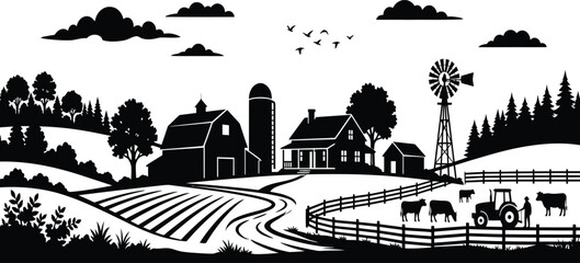 Rural farm landscape silhouette featuring barn house windmill tractor fields and cows vector illustration representing agriculture farming dairy village and organic countryside concept. © shabbirahmed