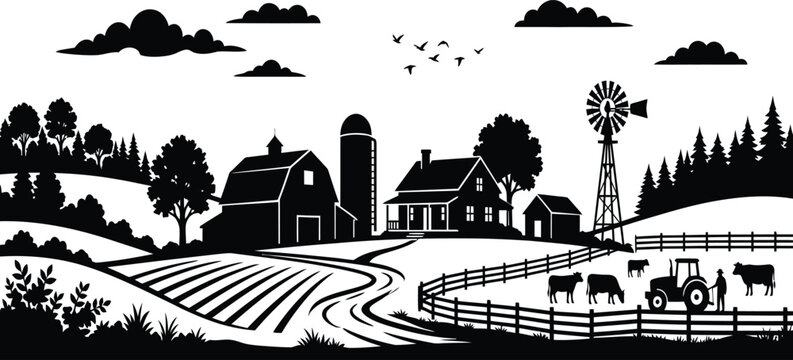 Rural farm landscape silhouette featuring barn house windmill tractor fields and cows vector illustration representing agriculture farming dairy village and organic countryside concept.