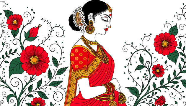 Woman in red kimono with flowers isolated on transparent background Indian folk art illustration design for festive celebration