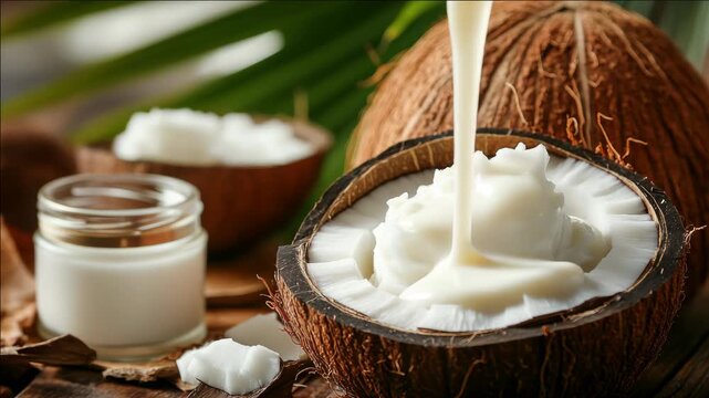 Coconut cream and coconut shells on wooden surface, a symbol of natural beauty care ingredients.