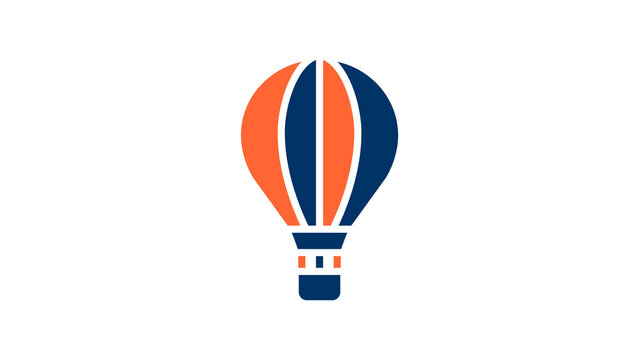 A minimalist 2D flat vector icon of a stylized hot air balloon. The clean graphic features alternating vertical panels of vibrant orange and dark navy blue on the balloon envelope