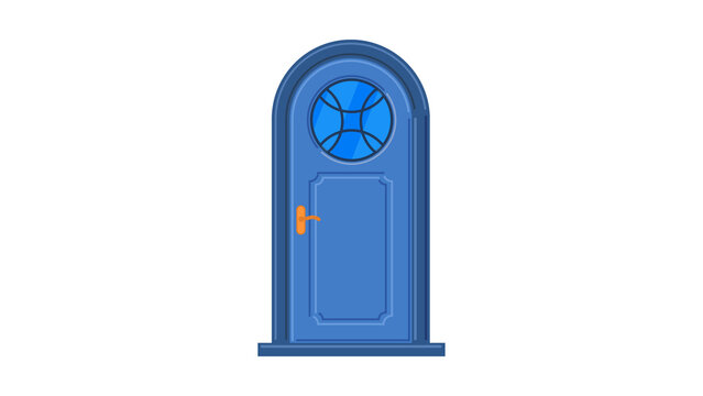 A stylized 2D vector illustration of a classic blue arched door featuring a prominent round, patterned glass window at the top
