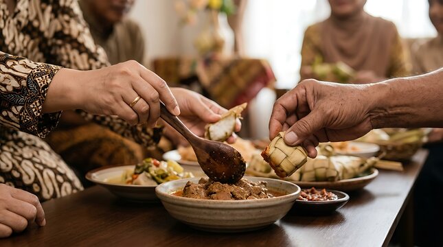 Hands serving traditional ketupat and beef stew during a meal
