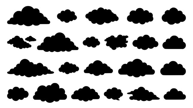 Clouds in Various Shapes and Sizes Forming a Collection of Black Silhouettes on a White Background Featuring Weather, Sky, Nature