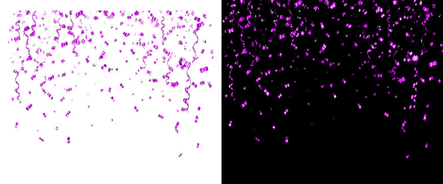Purple confetti and serpentine ribbons falling on transparent and black backgrounds for festive celebration party themes.