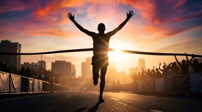 Silhouette of a marathon runner crossing the finish line at sunrise.