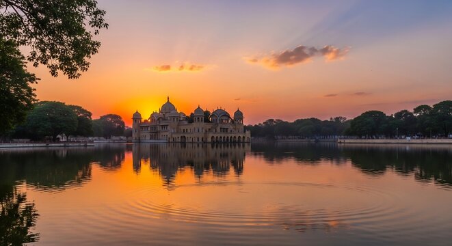 Jal Mahal Water Palace in Jaipur reflecting on Man Sagar Lake at sunset.