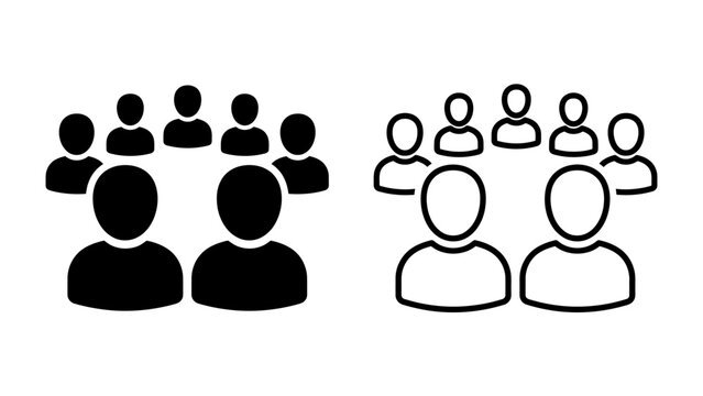 Group of People Icon Set: A visual representation of a group of people, depicted in both solid black and outline icon styles, symbolizing community, collaboration, and social interaction.