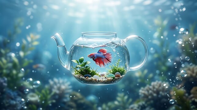 Betta fish swimming in a glass teapot aquarium underwater