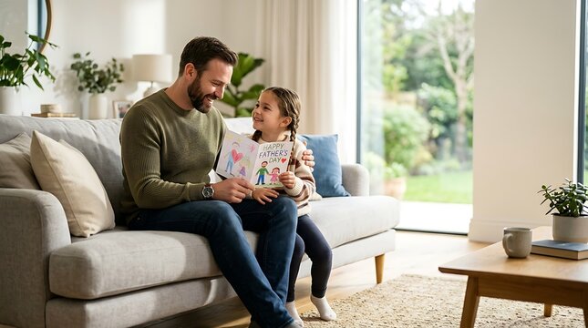 Father and young daughter look at handmade card on living room sofa